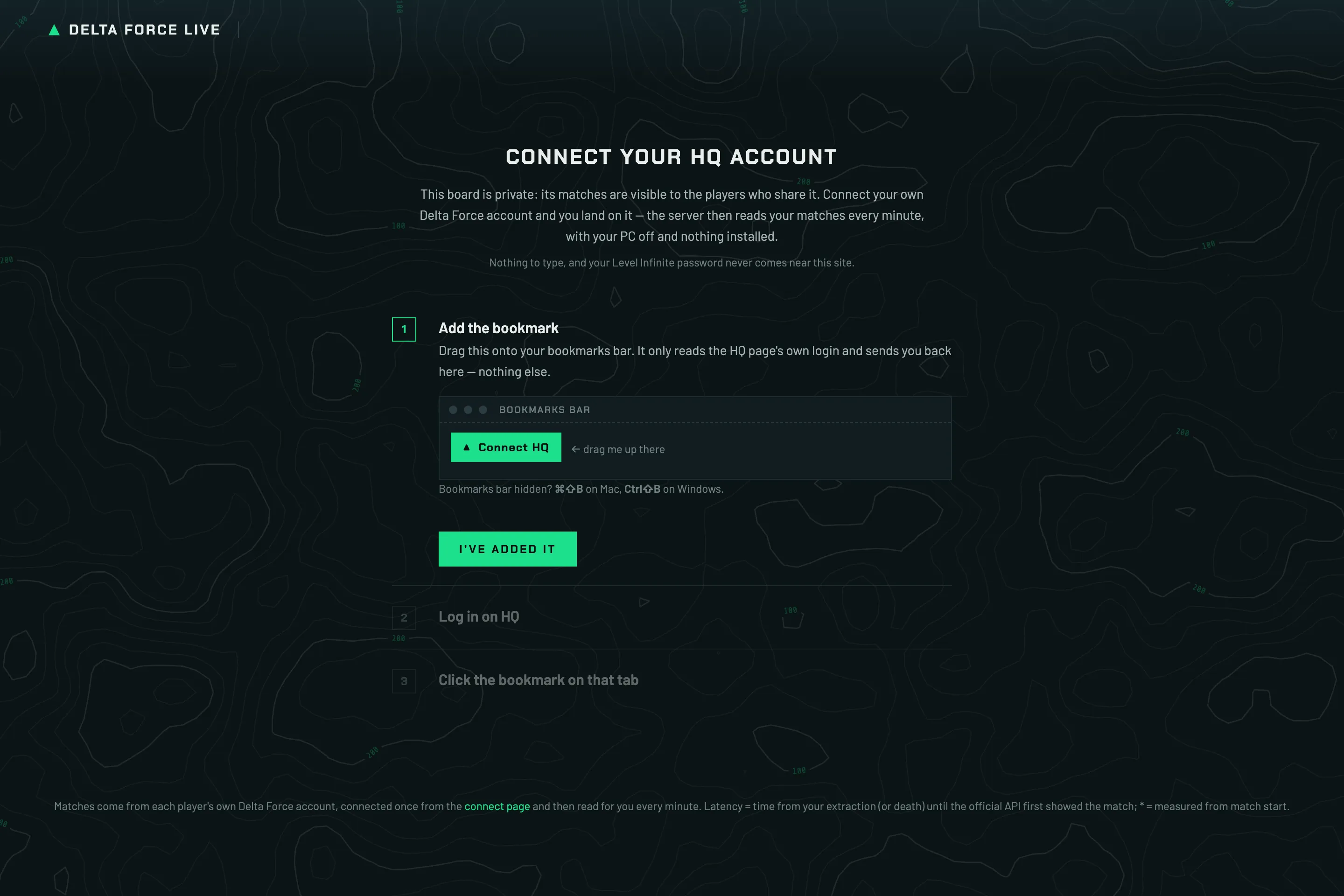The Delta Force Live connect page, dark with faint topographic contour lines.